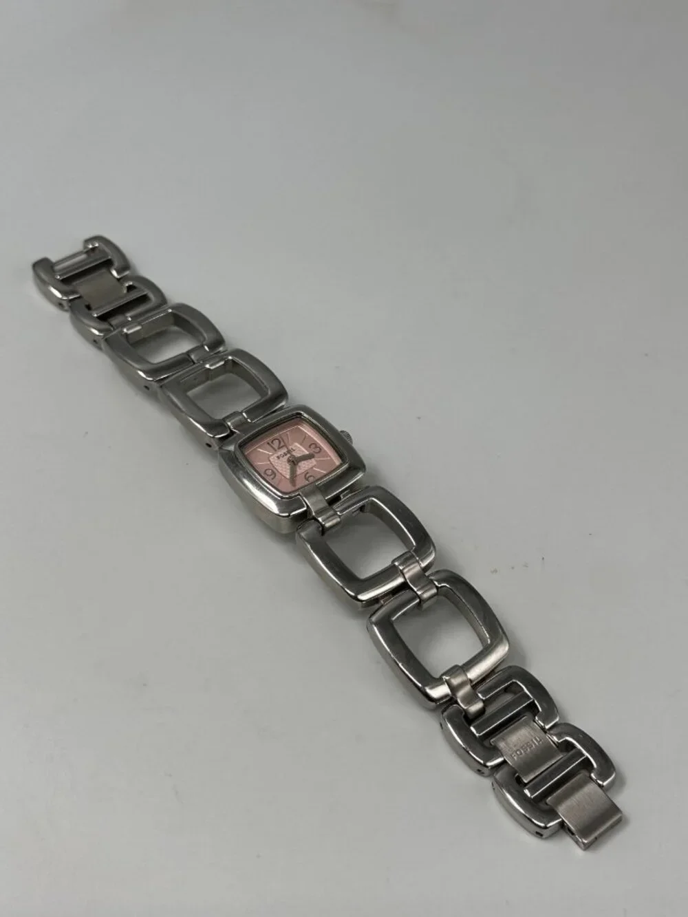Fossil Watch Womens Pink Dial Stainless Steel Square 24MM New Battery 6.75